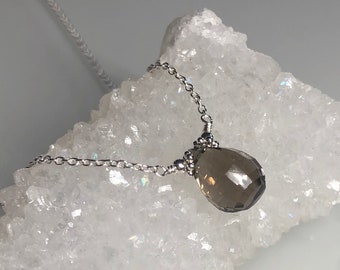 Smoky quartz necklace, floating quartz choker, dainty teardrop pendant, split chain necklace, brown gemstone, smokey quartz, sterling silver