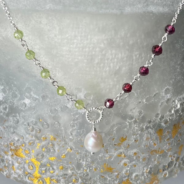 Peridot garnet pearl necklace, January June August birthstones, genuine gemstone necklace, multi gemstone with white pearl drop necklace