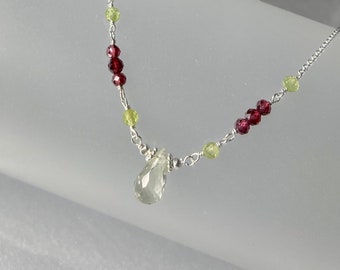 Green amethyst with peridot garnet gemstone necklace, green amethyst necklace, genuine gemstones, natural crystal beaded handmade choker