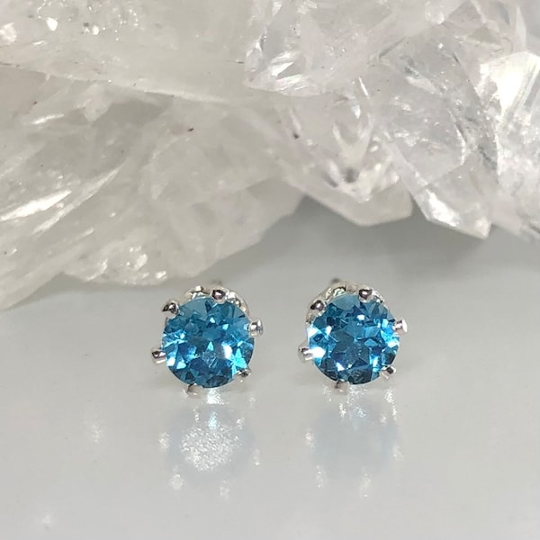 Swiss blue topaz 5 mm stud earrings, genuine AAA swiss blue topaz earrings, 5 mm gemstone stud, minimalist, blue gemstone, dainty topaz stud