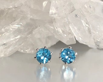 Swiss blue topaz stud earrings, November birthstone, genuine AAA swiss blue topaz earrings, 4 mm blue gemstone studs, minimalist topaz studs