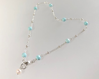 Dainty larimar ankle bracelet, something blue jewelry, genuine caribbean larimar gemstone, blue larimar anklet, bridal anklet, beach anklet