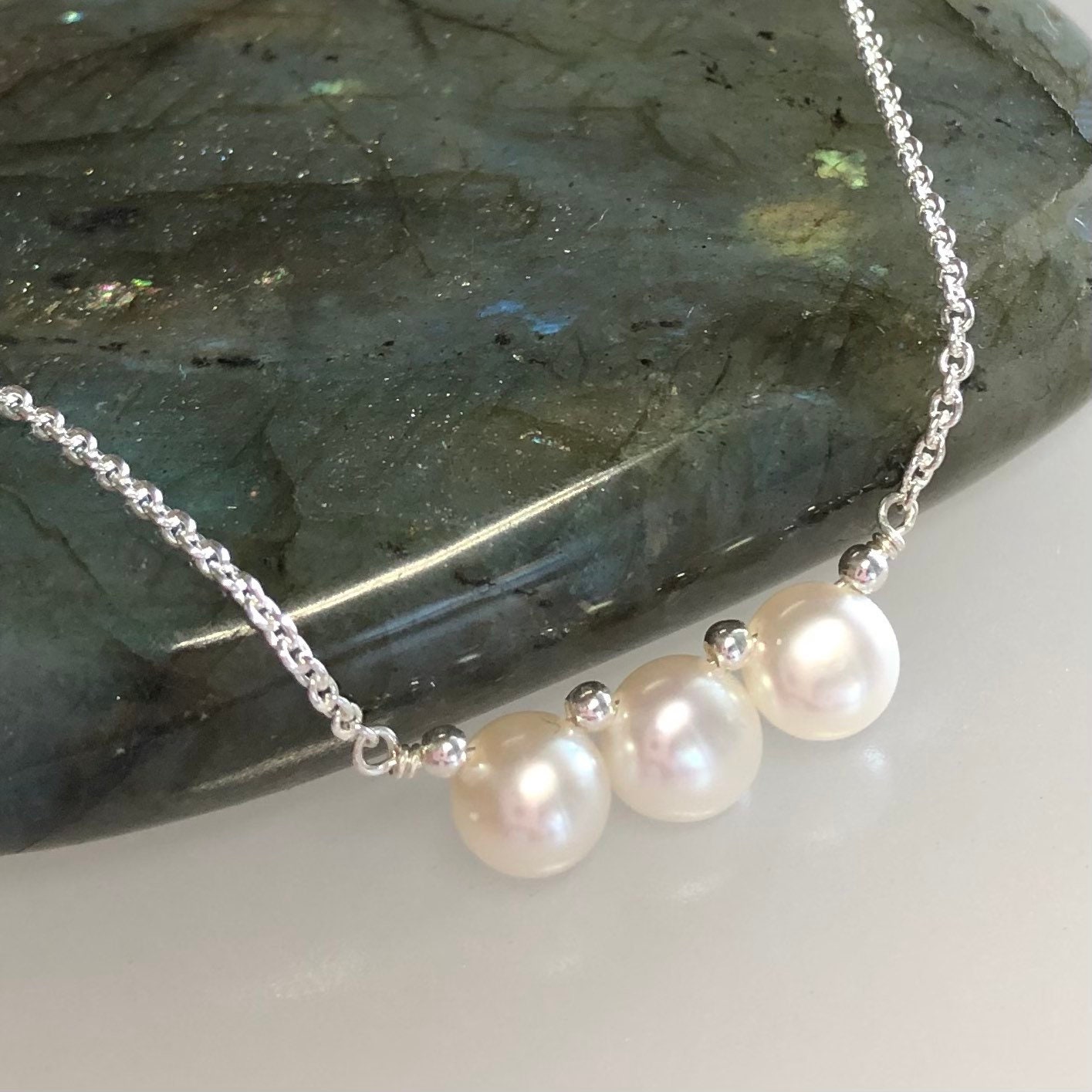Dainty Triple Pearl Necklace, Genuine Pearl Choker, White Dainty Triple Pearl Necklace, Genuine Pearl Choker, White
