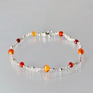 Genuine ombre carnelian bracelet, shaded carnelian jewelry minimalist sterling silver orange gemstone chain bracelet, natural orange crystal
