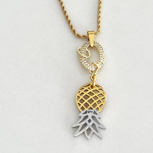 Partners ID LLC Upside Down Pineapple Charm Crystal Oval Gold Rope Chain Necklace