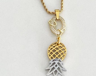 Upside Down Pineapple Charm Crystal Oval Gold Rope Chain Necklace