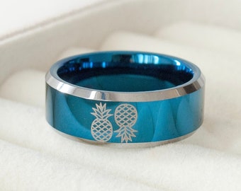 Upside-Down Pineapple Ring, Swinger Ring, Swinger Symbol, Black or Blue Silver Upside-down pineapple ring, Double Pineapple Ring