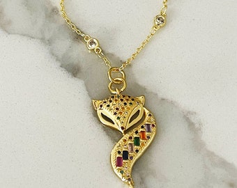 Gold plated vixen charm with colorful stones; hotwife, swinger, unicorn on gold chain with crystal inlay