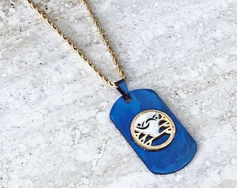 Blue Swinger Symbol Dog Tag Necklace with Gold Rope Chain, Swinger Charm, Stag, Bull, Threesome ,BBC, MFM, Open Marriage
