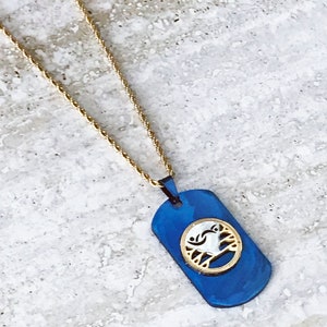 Blue Swinger Symbol Dog Tag Necklace with Gold Rope Chain, Swinger Charm, Stag, Bull, Threesome ,BBC, MFM, Open Marriage image 1