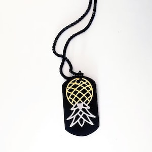 Upside Down Pineapple Charm on Black Dog Tag Necklace