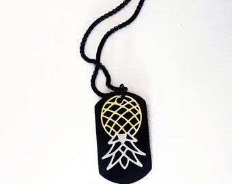 Upside Down Pineapple Charm on Black Dog Tag Necklace, Swinger Symbol, Stag, Bull, Open Marriage, Vixen, Hotwife