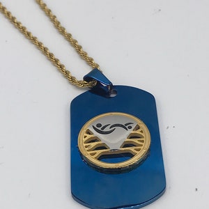 Blue Swinger Symbol Dog Tag Necklace with Gold Rope Chain, Swinger Charm, Stag, Bull, Threesome ,BBC, MFM, Open Marriage image 3