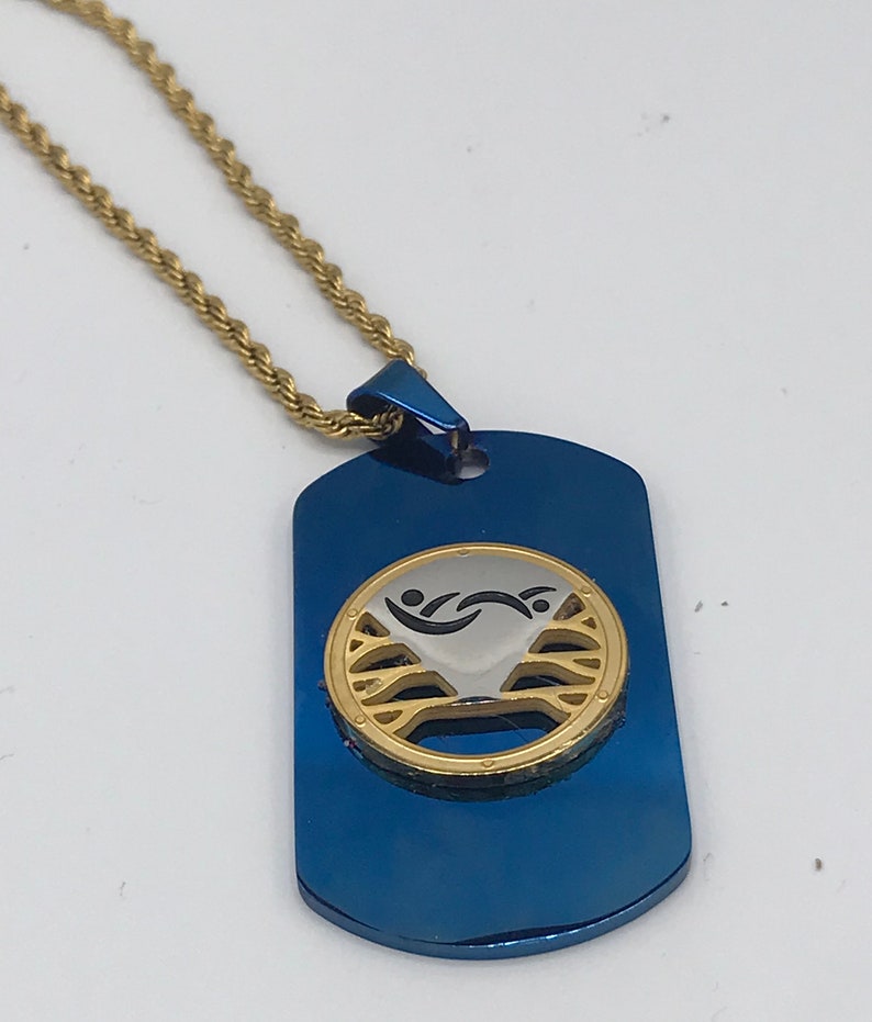 Blue Swinger Symbol Dog Tag Necklace with Gold Rope Chain, Swinger Charm, Stag, Bull, Threesome ,BBC, MFM, Open Marriage image 3