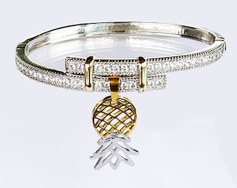 Silver Bracelet CZ Diamonds Upside Down Pineapple Charm