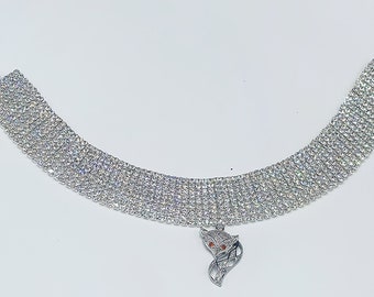Sparkling Crystal Choker Necklace with Sparkling Silver Vixen Charm, Hotwife Choker, Vixen Choker