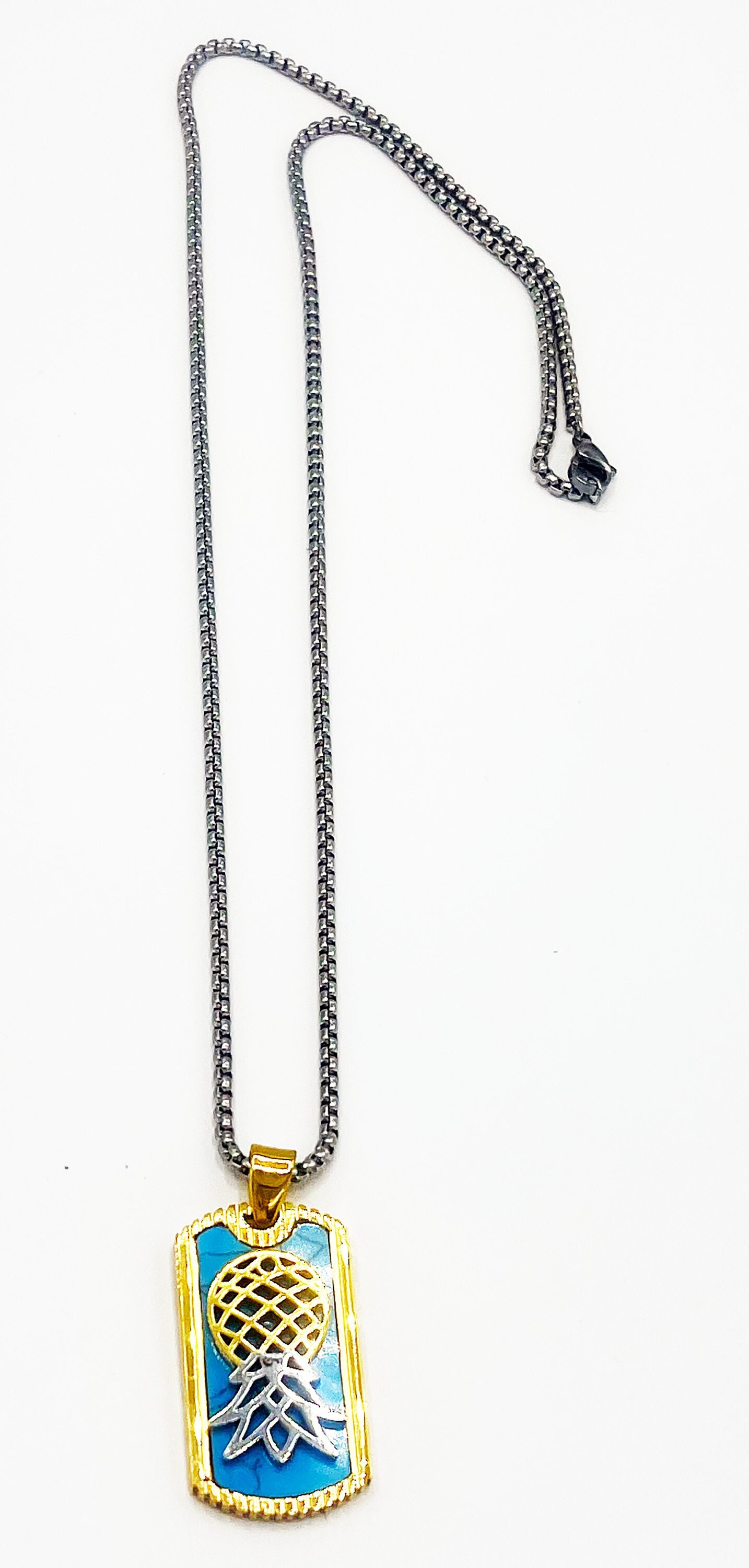 Partners ID LLC Blue and Gold Upside Down Pineapple Pendant Necklace, Pineapple jewelry, Swinger Symbol, Swinger Jewelry