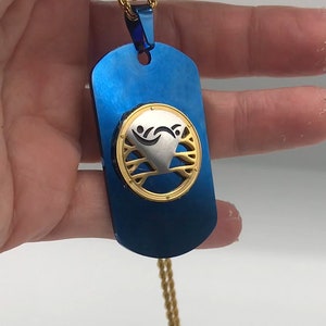 Blue Swinger Symbol Dog Tag Necklace with Gold Rope Chain, Swinger Charm, Stag, Bull, Threesome ,BBC, MFM, Open Marriage image 4