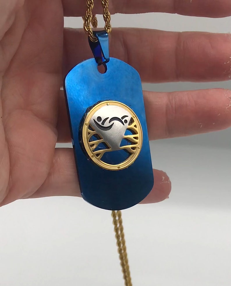 Blue Swinger Symbol Dog Tag Necklace with Gold Rope Chain, Swinger Charm, Stag, Bull, Threesome ,BBC, MFM, Open Marriage image 4