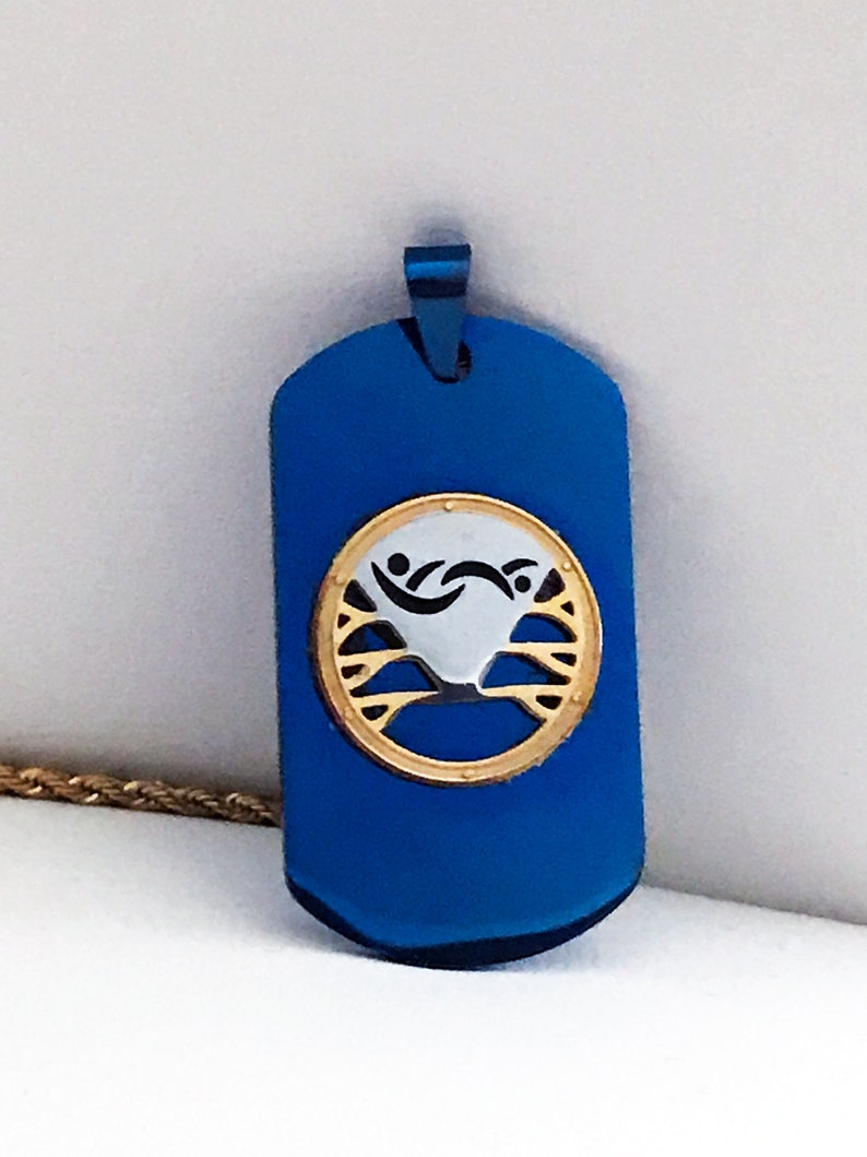 Blue Swinger Symbol Dog Tag Necklace with Gold Rope Chain, Swinger Charm, Stag, Bull, Threesome ,BBC, MFM, Open Marriage image 2