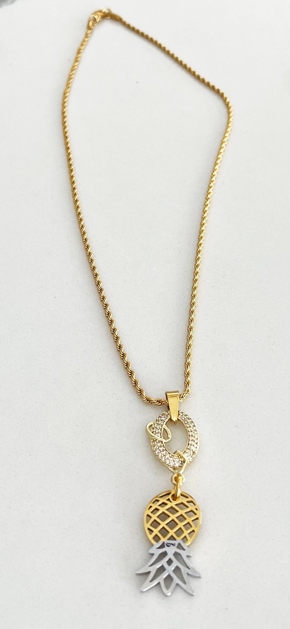 Partners ID LLC Upside Down Pineapple Charm Crystal Oval Gold Rope Chain Necklace
