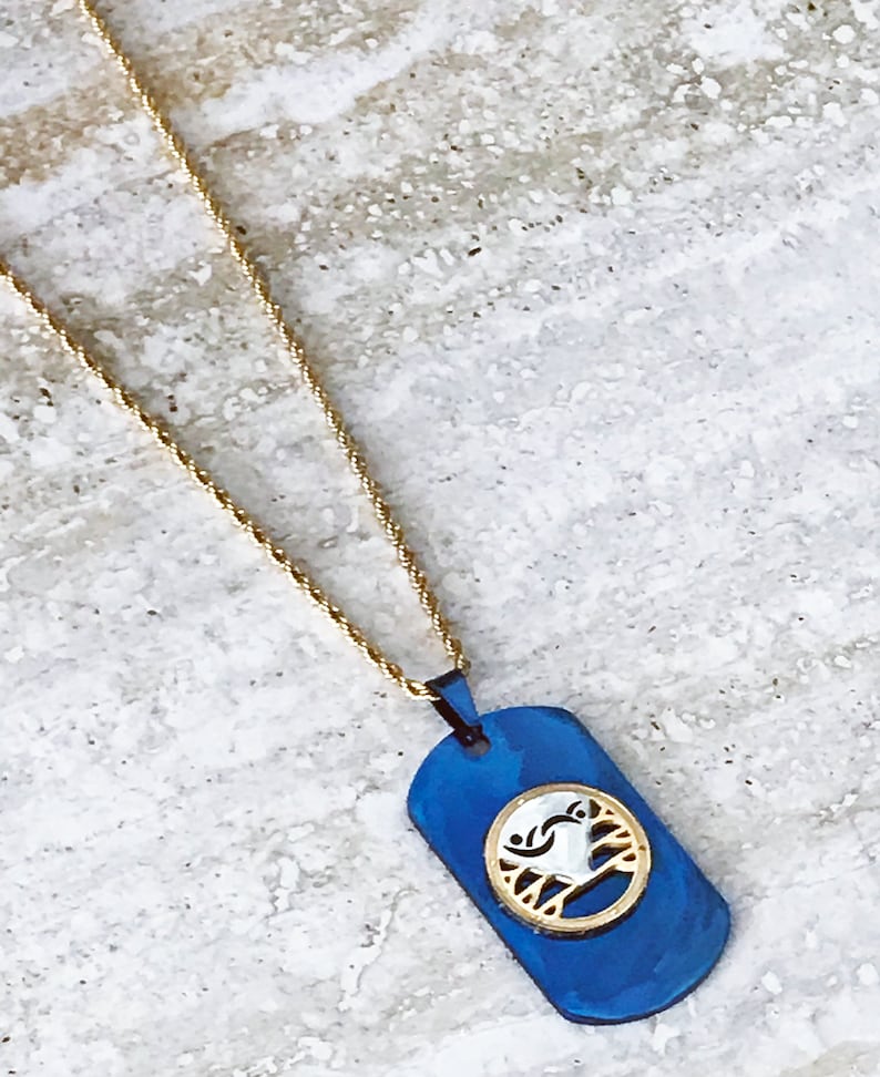 Blue Swinger Symbol Dog Tag Necklace with Gold Rope Chain, Swinger Charm, Stag, Bull, Threesome ,BBC, MFM, Open Marriage image 1