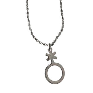 May include: A silver-colored necklace with a pendant featuring a genderqueer symbol. The pendant is a combination of a circle and a stylized asterisk. The chain is a twisted rope design, and the background is white.