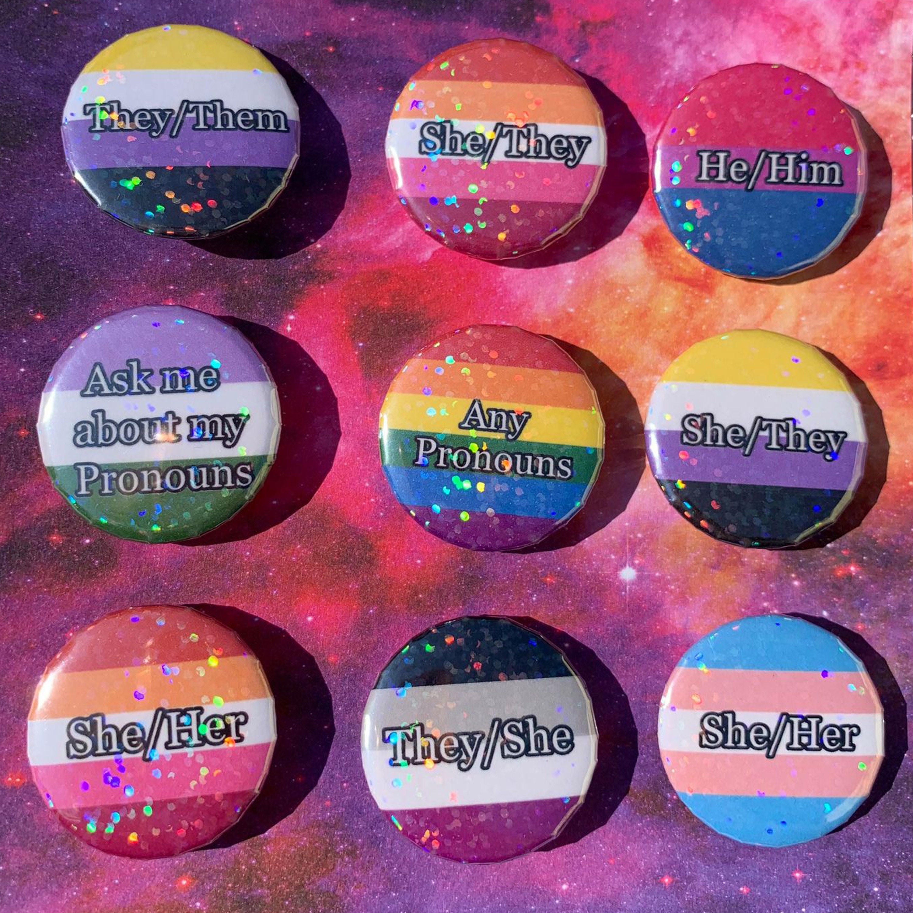 Holographic Pride Flag and Pronouns 32mm Butttons 1 | LGBT+ Lesbian, …