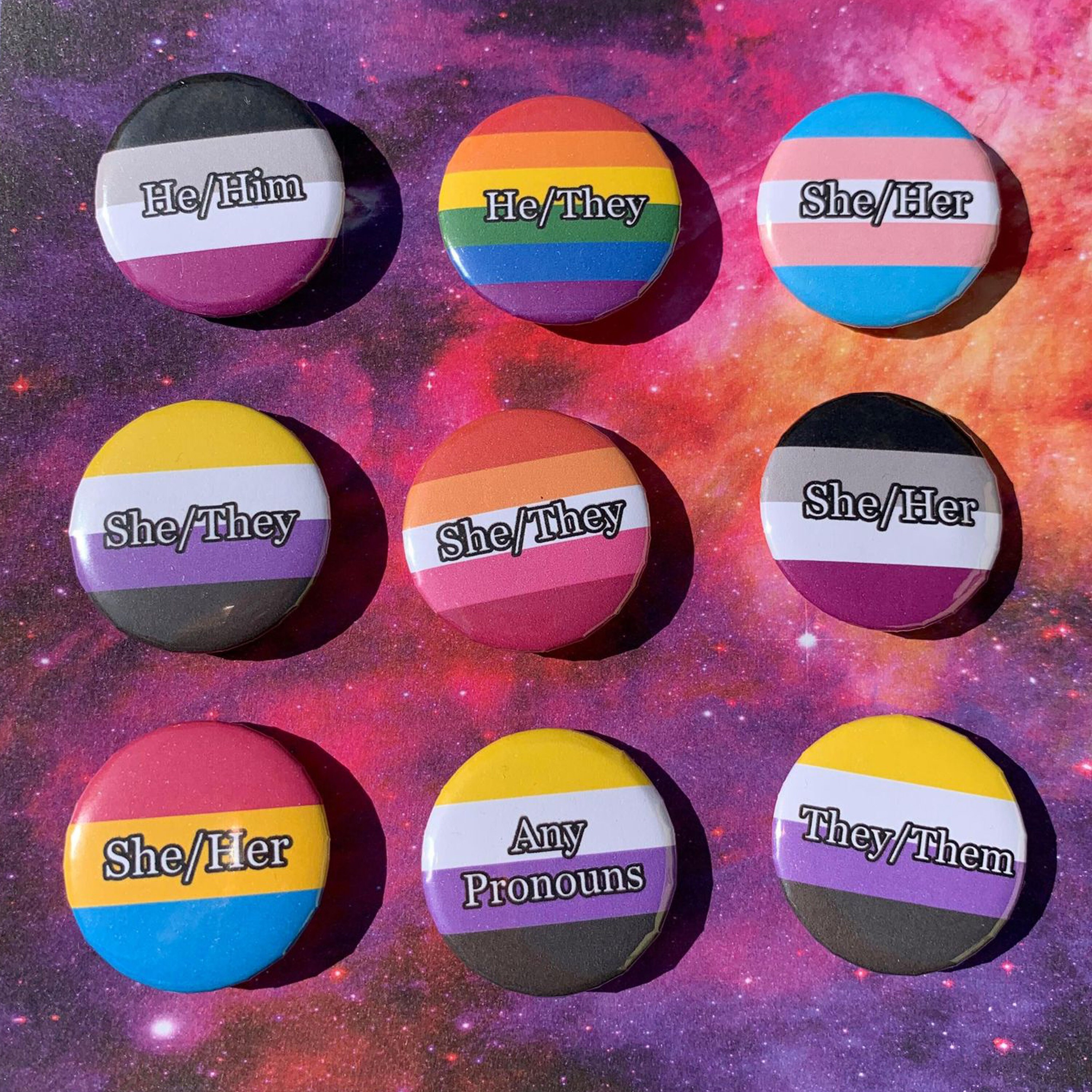 Pride Flag and Pronouns 32mm Butttons #1 | LGBT+ Asexual, Bisexual, N…