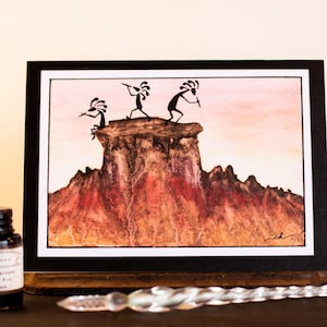 Drei Kokopelli One Bluff 13x18 Grußkarten, innen leer, mit weißen Umschlägen, handgefertigt von der Künstlerin EK