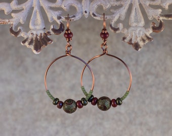 Copper Hoops Beaded in Green, Brown, Red, and Earthy Multi-Color Glass Beads and hang from Wire Wrapped French Beaded Ear Wires