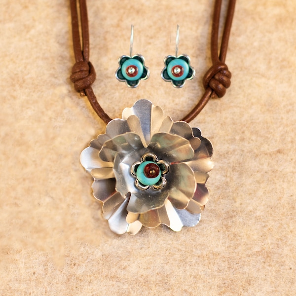 Salvaged Aluminum Desert Flower with Turquoise Blue and Red Beads,on a Brown Adjustable Leather Choker, Matching Silver French Ear Wires