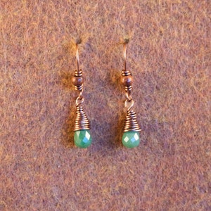 Faceted Jade Teardrops Wire Wrapped in Antique Copper hang from handmade Antique Copper Wire Wrapped French Earwires Beaded with Wood Beads