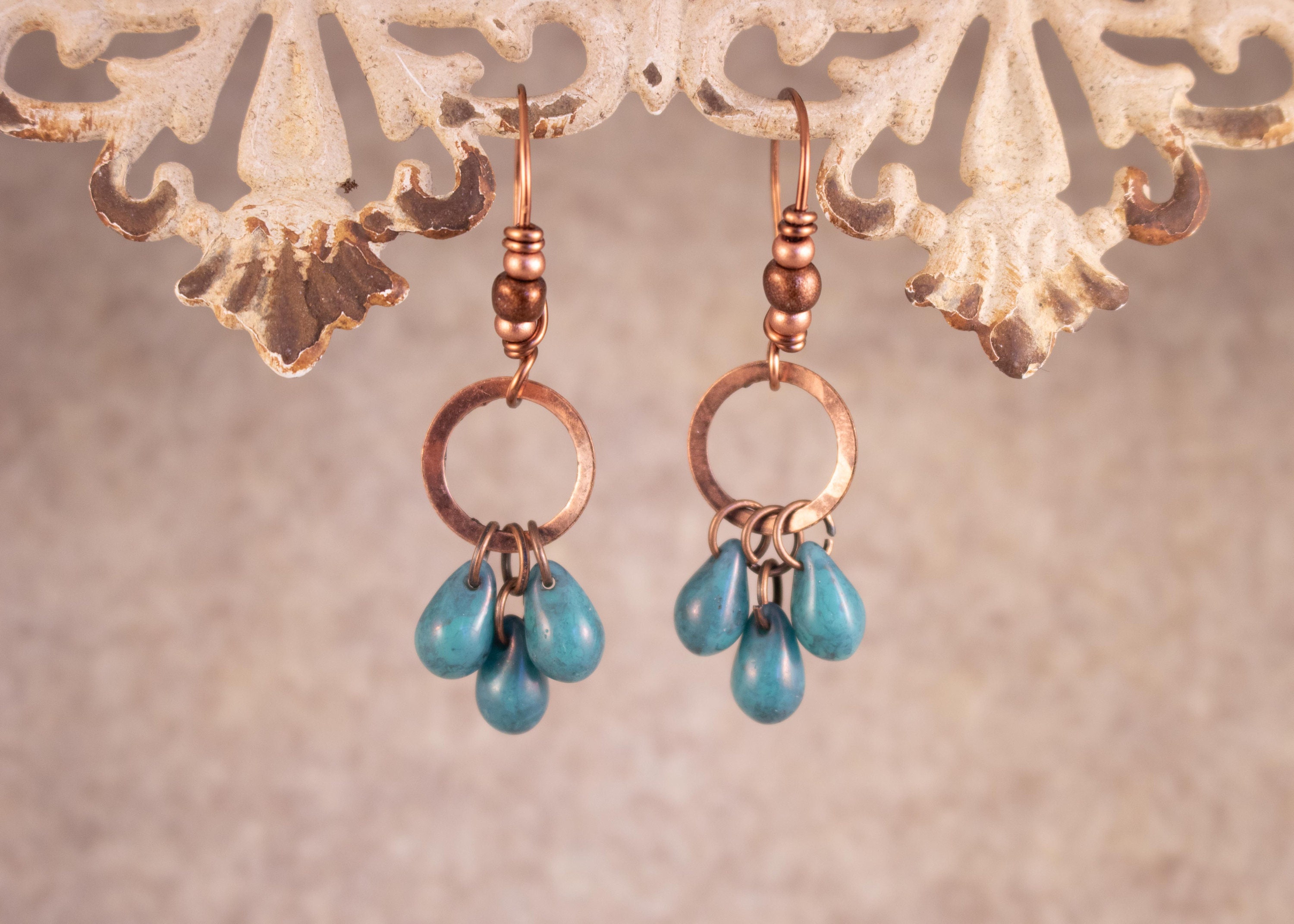 TinyTurquoise Teardrops hang from Copper Rings are Wire Wrapped to handmade Antique Copper French Ear Wires beaded with Copper beads