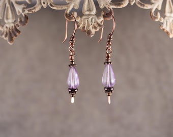 Lilac Czech Glass Teardrops & Bronze Beads WireWrapped in Antique Copper hang from handmade Antique Copper French Ear Wires beaded in Bronze