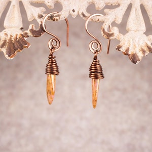 May include: A pair of copper wire earrings with a spiral design and a pointed, light brown stone pendant.