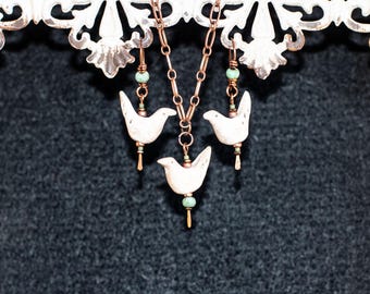 Cream Ceramic Birds Wire Wrapped Earrings and Necklace Set