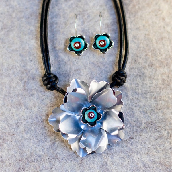 Salvaged Aluminum Desert Flower with Turquoise Blue and Red Beads hangs on Black Adjustable Leather Choker, Matching Silver French Ear Wires