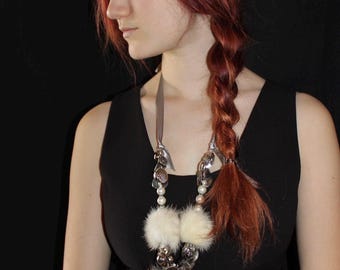 Fur pom-pom necklace – unique handmade piece, recycled materials
