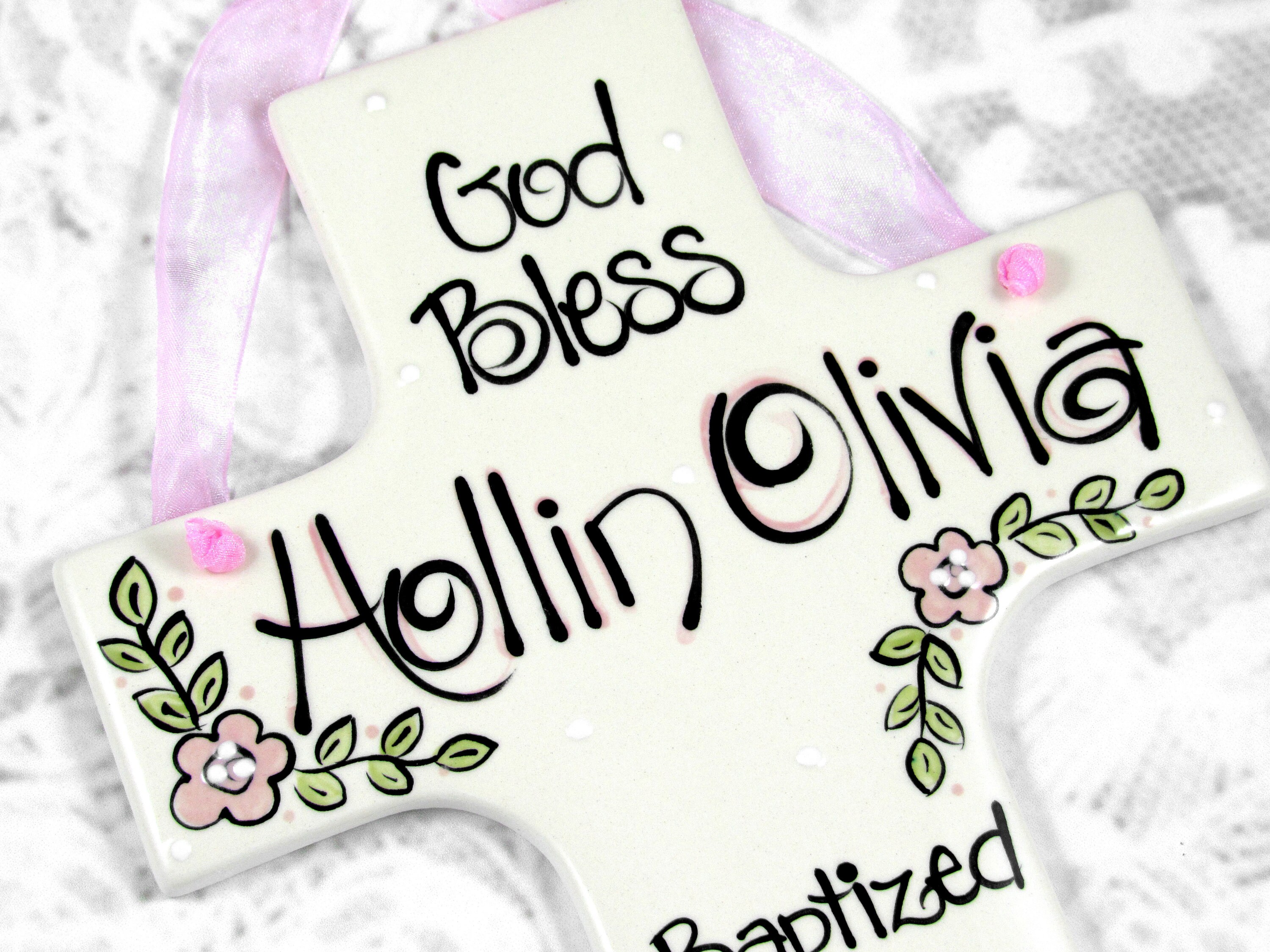 Large Personalized Baptism Cross for Girls with Flowers and Etsy