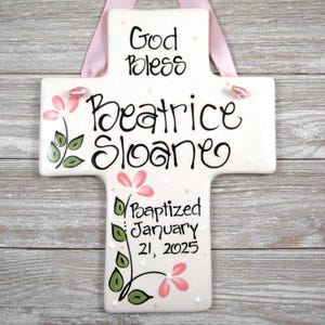 Personalized Baptism Gifts for Girls Ceramic Cross with Coral Flowers