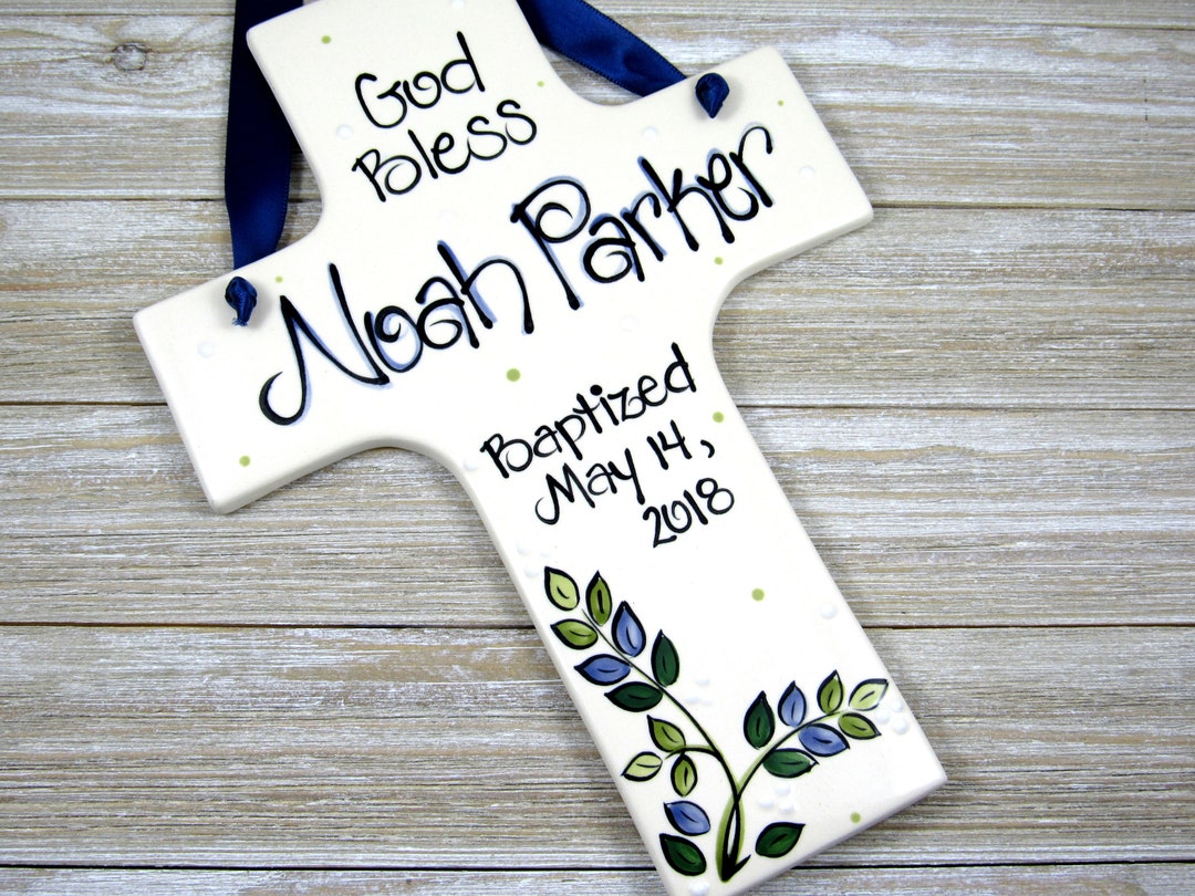Large Baptism Cross for Boys With Blue and Green Leaves Personalized Etsy