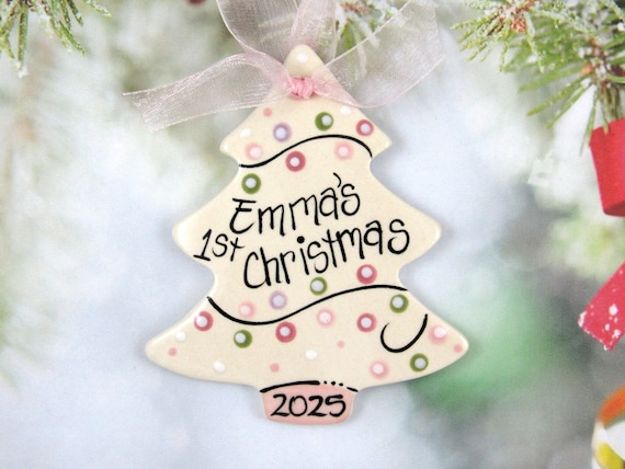 Personalized Baby's First Christmas Ornament Tree Pink for Girls