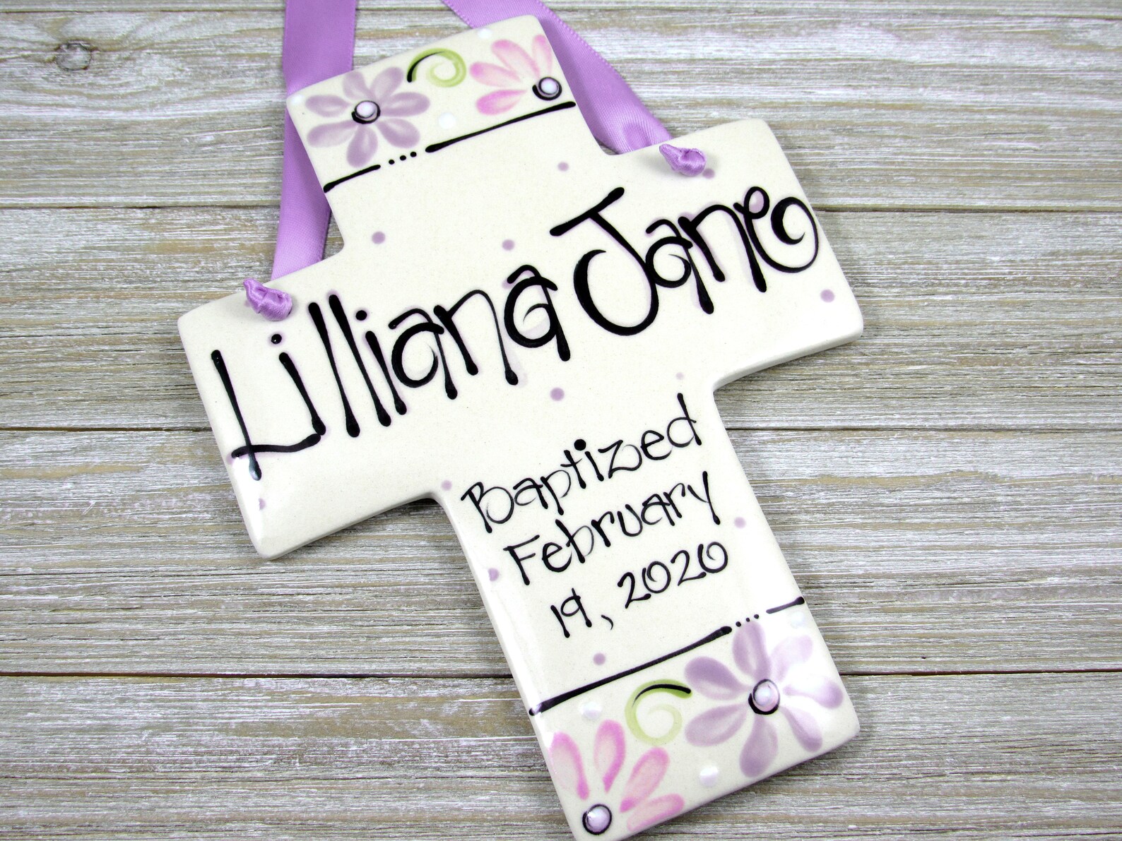 Personalized Baptism Cross for Girls With Flowers in Purple Etsy