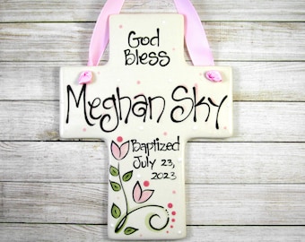 Personalized Baptism Cross for Girls with Pink Flowers