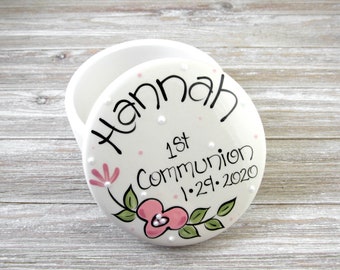 Personalized 1st Communion Gifts for Girls // Jewelry Box with Flowers in Coral and Pink