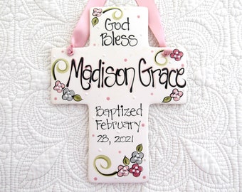 Personalized Baptism Cross for Girls in Pink and Gray Baptism Gifts