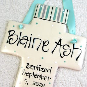 Baptism Cross for Boys in Mint and Teal Stripes Personalized