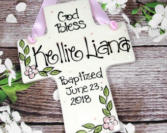 Baptism Cross Personalized for Girls in Pink and Green Baptism Gifts