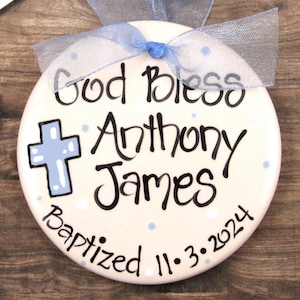 Personalized Baptism Ornament with Cross in Light Blue // Baptism Gifts for Boys